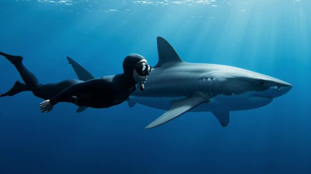Freediver matching speed with great white shark side tracking underwater shot, dramatic open ocean encounter used for wildlife storytelling, adventure content, and extreme nature exploration themes