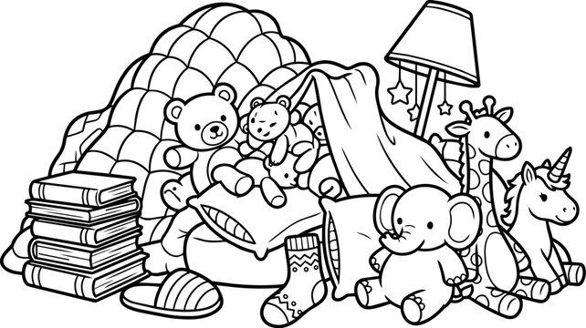 Childrens bedtime story scene with stuffed animals books and blanket fort
