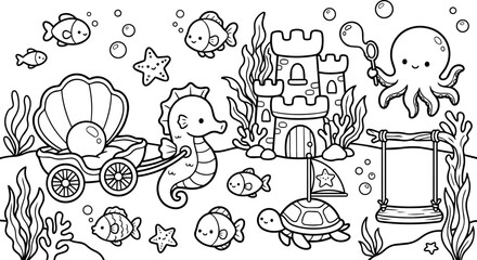 Fototapeta premium Cute Underwater Scene Coloring Page with Sea Creatures and Castle