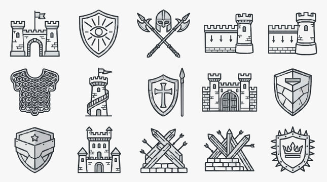 Modern Minimalist Line Art Icons of Medieval Castles Shields and Weapons for Digital Design and SEO Content