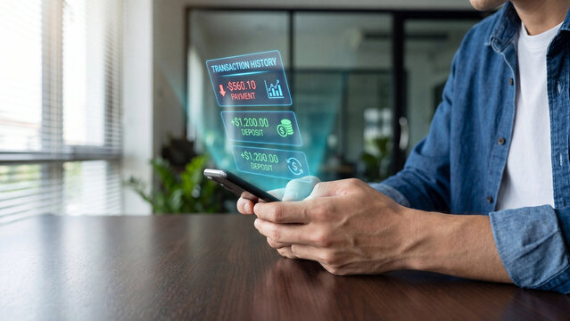Man holding a sleek smartphone displaying glowing holographic banking transaction history interface with floating financial data charts and green deposit icons while sitting at a dark wooden table in 