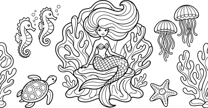 Cute Mermaid With Sea Creatures And Coral Line Art Illustration