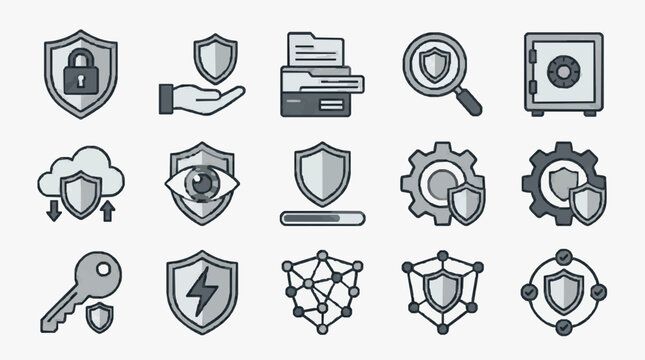 Corporate Security and Cyber Protection Icons Set Monochromatic Shield Gear Cloud and Network Symbols for Digital Safety