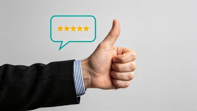 Hand giving thumbs up gesture with speech bubble containing five yellow stars, symbolizing excellent customer feedback, positive review