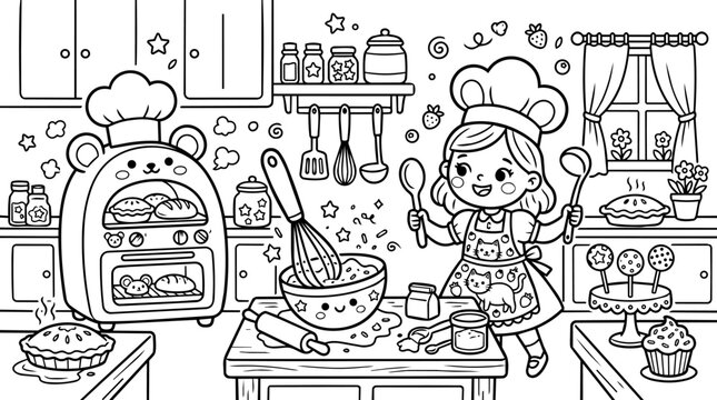 Cute cartoon girl baking in a kitchen with a bear oven