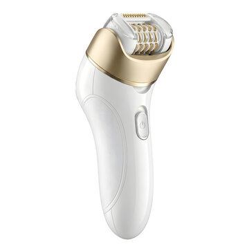 A white and gold electric epilator for hair removal, featuring a sleek ergonomic handle and a rotating head, isolated on a black background isolated on a transparent background