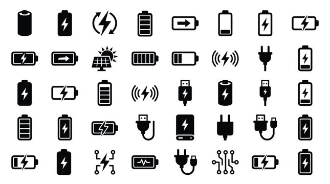 Comprehensive collection of black battery and energy icons on white background featuring charging status, solar power, USB cables, power plugs, wireless charging, and diverse battery levels.