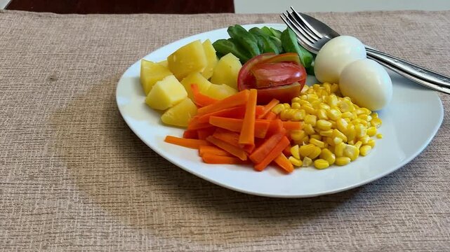 Trucking shot of mixed vegetable colorful salad food. Health lifestyle.