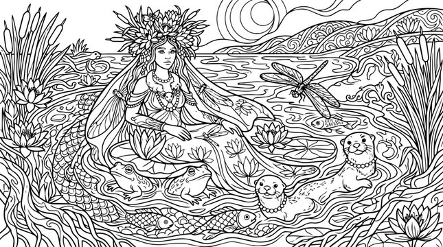 Fantasy Goddess of Nature Sitting in a Lotus Pond with Animals