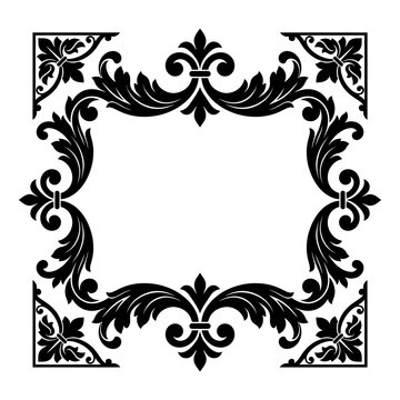 Ornate black floral border frame, decorative scroll design, elegant vector illustration, damask pattern isolated on White Background