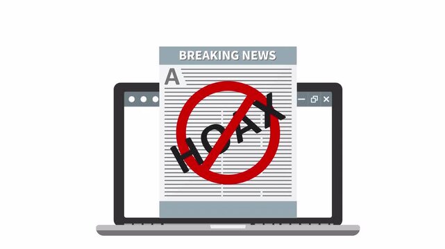 Animation of laptop displaying breaking news labeled hoax with fake news alerts. Red prohibition sign, question marks and warning bubbles for misinformation and media fraud