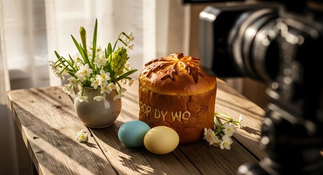 Easter bread with daffodils and eggs on a wooden table near a camera