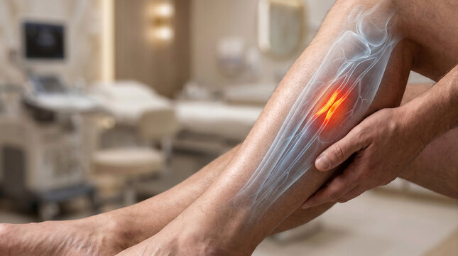 Man Suffering from Peripheral Artery Disease and Claudication Pain with Leg Artery Anatomy Overlay