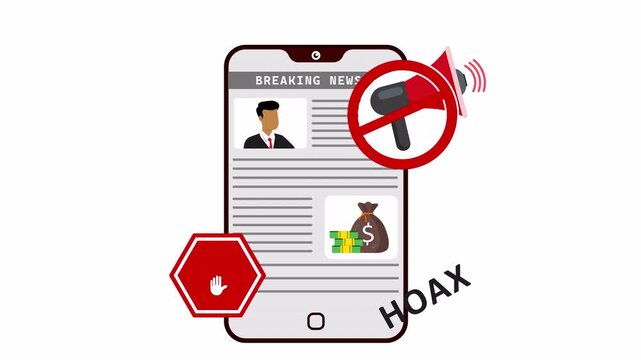Animation of fake news and misinformation alert. Smartphone with breaking news, hand stop sign, crossed megaphone and hoax stamp for media fraud, false information and digital scam awareness concept.
