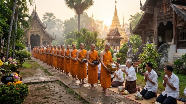 A long line of Buddhist monks in bright orange robes collecting morning alms from local villagers kneeling on mats outside a traditional temple