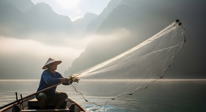 Fisherman casting net on lake at sunrise