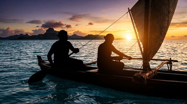 Silhouette of two people sailing a traditional outrigger canoe with a woven sail across the ocean during a spectacular golden sunset