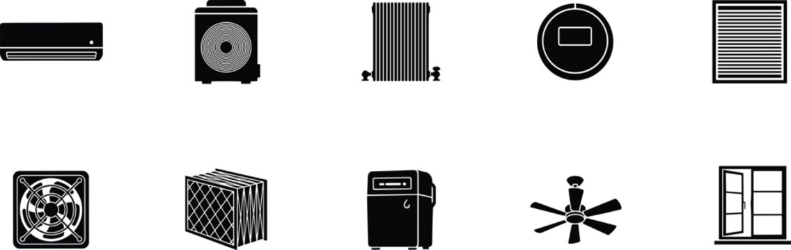 "Household appliance silhouette icons, air conditioner, compressor unit, radiator heater, robotic vacuum, vent grille, exhaust fan, air filter, portable AC, ceiling fan, window"