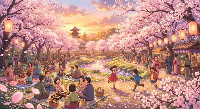 A beautiful anime-style illustration of a vibrant hanami festival in Japan, featuring people having picnics, food stalls, a pagoda, and children playing under blooming sakura trees at sunset.