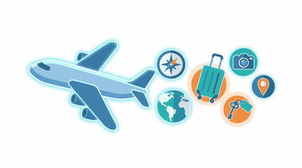 Naklejka premium Blue airplane with travel icons globe compass camera luggage map pin key