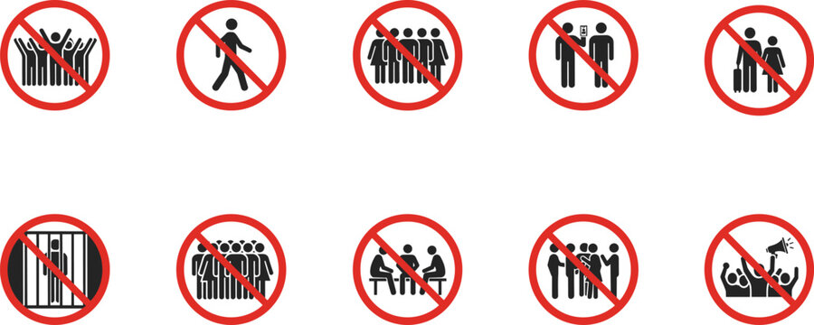 "Prohibition symbol icons, no gathering, no walking, no social interaction, no protest, restriction signs, safety rules"