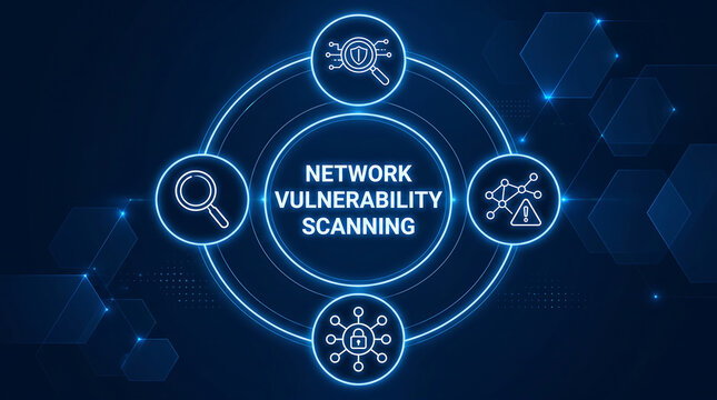 network vulnerability scanning tech concept.The process of scanning a network to identify potential vulnerabilities, misconfigurations, and security gaps