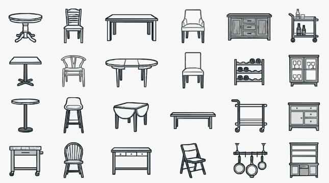 Minimalist Black and White Line Drawing Set of Diverse Furniture and Home Accessories for Interior Design