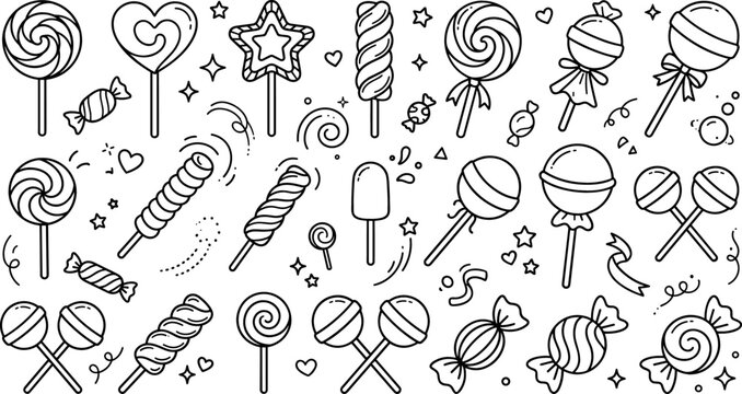 Sweet Lollipop and Hard Candy Doodle Outline Vector Icon Set with Swirl Pops, Wrapped Candies, Marshmallow Twists, and Stars for Sweet Shop Graphic Designs