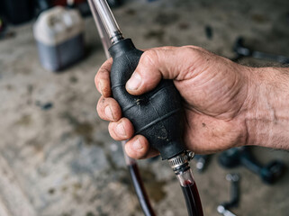Fototapeta premium Hand operating manual rubber fuel siphon primer bulb pump transferring liquid fuel