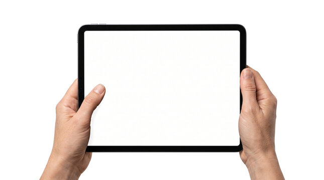 Modern digital tablet with blank white screen held by hands, professional tablet mockup for app design, person holding mobile touch screen device isolated PNG with Transparent Background