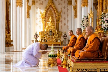 Fototapeta premium Thai monk ordination in daily monastic life with prayer in ornate temple beside seated monks and golden altar