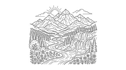 Obraz premium Professional Black and White Line Drawing of Scenic Mountain Landscape with Winding Road Waterfall and Flora