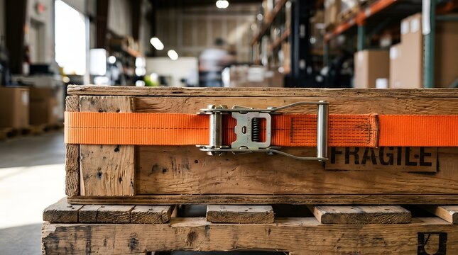 Tight orange ratchet tie down strap locking industrial wooden crate on pallet inside shipping warehouse