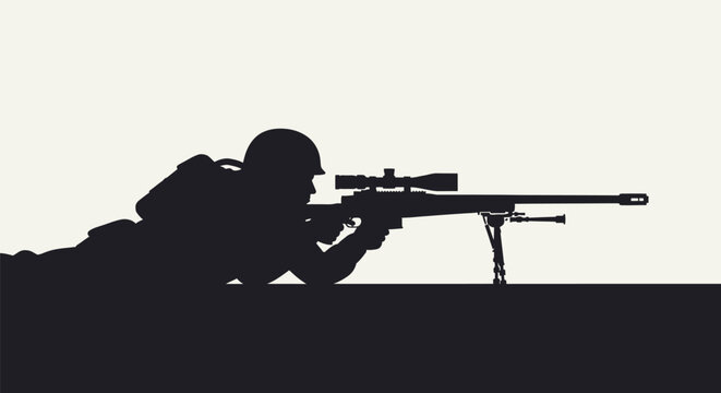 Silhouette of a professional military sniper aiming a long range rifle in tactical gear