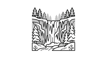 Obraz premium Creative Minimalist Black and White Forest Canyon Landscape with Trees and Rocky Terrain with high quality professional line art symbols for modern creative design and digital branding projects