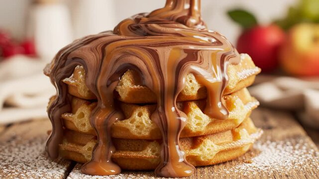 Chocolate and Caramel Sauce Pouring Over Stack of Waffles with Powdered Sugar