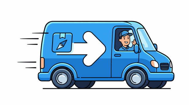 Blue delivery van with a happy driver and a directional arrow logo