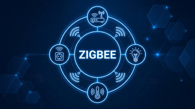 zigbee tech concept.A specification for a wireless communication protocol designed for short-range, low-power communication between devices, often used in IoT applications