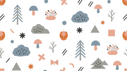 Scandinavian woodland forest seamless pattern with trees bushes and mushrooms woodland mushrooms seamless scandinavian illustration botanical background wallpaper stylized outdoors © Kanon Islam