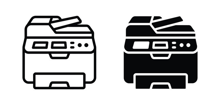 Office printer and copier machine icons in black line and solid style
