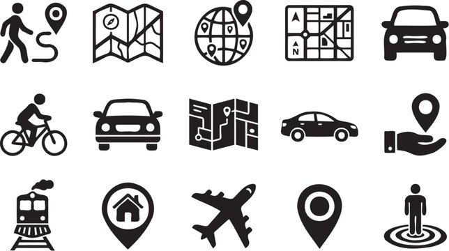Collection of black vector graphic navigation icons featuring maps cars airplanes trains and location markers for modern digital interface design