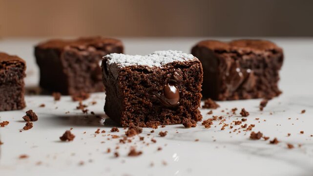 Close-up of chocolate brownies with powdered sugar and melting chocolate chips on marble surface, crumbs falling in slow motion