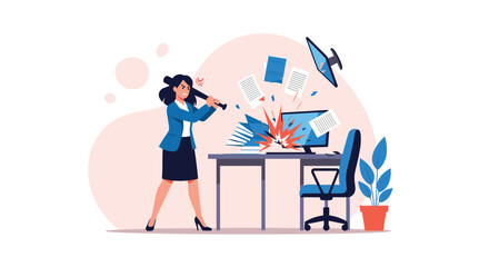 Fototapeta premium Frustrated businesswoman in formal suit destroying her office computer monitor with a baseball bat in a fit of rage.
