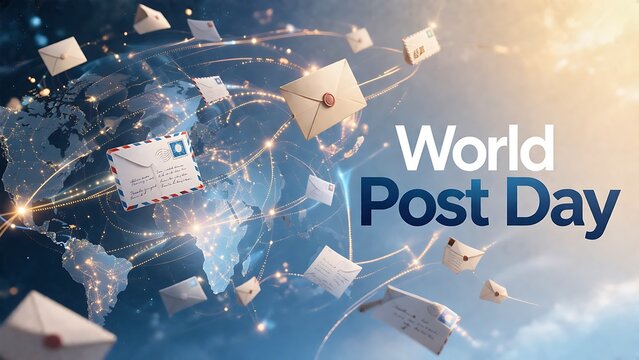 World post day celebration with envelopes flying over a digital world map