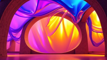 Fototapeta premium Abstract tunnel, vibrant colors, flowing shapes, dramatic lighting. Stone archway frames luminous sphere, creating surreal scene.