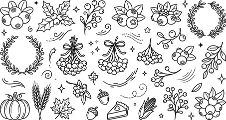 Autumn Harvest Berries and Thanksgiving Floral Doodle Outline Vector Icon Set with Pumpkins,  © Salina