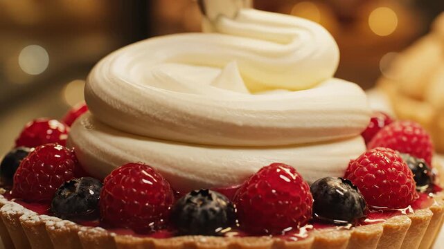 Piping whipped cream onto a fresh berry tart with raspberries and blueberries