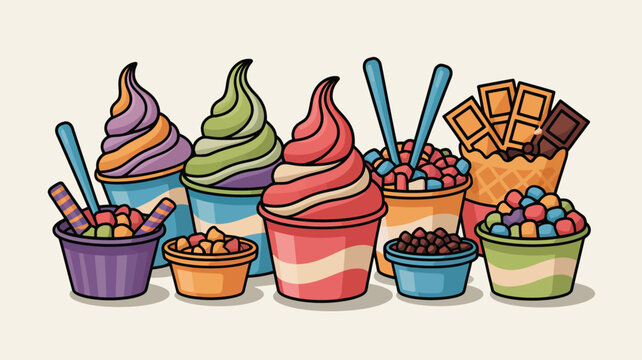 Frozen yogurt cups are filled with various colorful toppings and sweet treats on a neutral background.