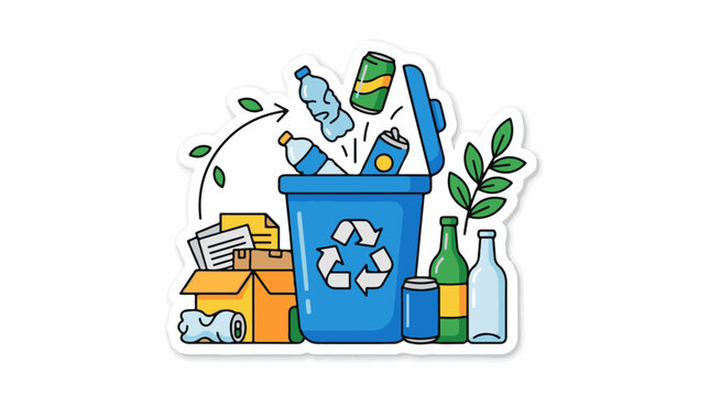 Blue recycling bin overflowing with plastic bottles cans and paper scraps