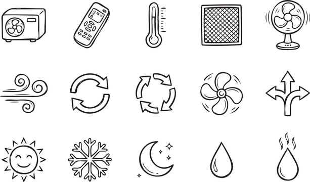 Hand drawn vector illustration set featuring various climate control icons like air conditioning units fans temperature and weather symbols collection